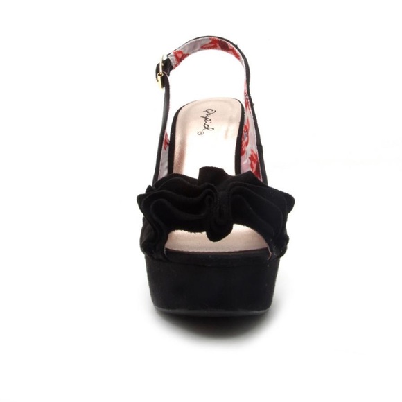 New Women’s Ruffle Slingback Wedge Black - Picture 4 of 4